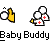 Animated contact sheet of a Baby Buddy icon showing sequential motion frames with yellow stick figure and white mushroom-like characters against gray background