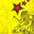 Yellow background with a large red star and smaller red dots above a brown, pixelated figure holding a stick-like object.