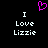 Pixelated text 'I Love Lizzie' appears twice on a black background with a pink heart symbol above.