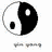 Four variations of a yin-yang symbol with black and white sections, each containing one or two small circular dots in contrasting colors.