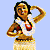 Pixelated animated icon of a woman in traditional hula attire with slight pose variations across three frames on light blue background.