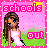 Pixel art contact sheet showing two animated frames of a girl in a white dress with long brown hair against a pink background, displaying different eye expressions and text reading 'schools out'