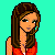 Pixel art of a woman in red top and pink skirt with multiple views including full-body, torso, legs, and close-up head against cyan background.