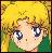 Pixelated close-up of a character with light skin, large blue eyes, and short brown hair against a yellow background with green lower section.