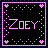 Pixelated icon with pink text 'ZOEY' centered on black background, surrounded by pink border and heart-shaped pixel clusters.