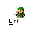 Animated contact sheet of 20 pixel-art frames showing Link from The Legend of Zelda series performing various actions with fire effects and small brown creatures against a gray background.