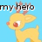 A yellow cartoon reindeer with red antlers and a pink nose stands against a light blue background, with the text 'my hero' in different colors above it.