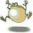 Pixelated animated frog icon with two frames showing jumping motion, green body, white belly, and black limbs on transparent background.