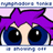Pixelated cartoon face with large blue eyes, purple spiky hair, and a light skin tone against a pink background.