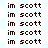 A static image displays repeated text 'im scott' in dark brown pixelated font on a light blue background with faint white star shapes.