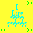 Yellow background with green dotted borders and star shapes, four identical blue pixelated figures with 'I' above each, arranged in a