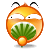Animated orange circular character with black curved eyebrows, white eyes with small black pupils, and a green fan-shaped mouth prop.