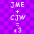 Pixelated text displays 'JME + CJW = <3' on a purple checkered background with two identical static frames.