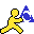 Pixelated static icon of a yellow stick figure running while emitting blue smoke or energy from its right hand against a white background.