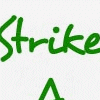 Green-shirted figure with visible backside and partial torso, green text reading 'Strike A Pose', circular glasses on a face in lower-left corner.