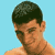 Pixelated static image of a shirtless male figure with dark hair against light blue background, cropped to show upper torso and head in profile view.