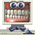Pixelated computer monitor displays a mouth with teeth and eyes, showing two states: closed mouth with red tongue and open mouth with black interior.