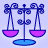 Pixelated scale icon with blue frame, purple pans, and light blue base on pale lavender background.