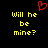 A black background displays yellow pixelated text reading 'Will he be mine?' with a red pixelated heart symbol above the text.