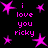 Black background with pink pixelated text and stars; repeated 'i love you ricky' phrases surrounded by star shapes.