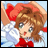 A pixelated anime-style character with brown hair and green eyes wearing a red bow, white collar, and red outfit against a light blue background on the left; black background with silver text "Anime IM" and "c0m" on the right.