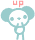 Pixelated character with teal hair and white face holding a red 'UP' text above its head against gray background.
