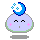 Pixelated character with light purple body, closed eyes, pink cheeks, and green outline; blue crescent moon on head with yellow stars.