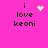 A pink background displays four identical text blocks reading "i love keoni" with varying pixelated symbols above the 'i' in each block.