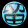 Four circular blue-toned icons with light reflections on dark backgrounds, each displaying distinct abstract or stylized shapes.
