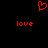 Red pixelated heart symbol above two red 'love' text instances on black background.