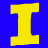 A static contact sheet showing two frames of an animated icon with a large yellow letter I on the left and scattered white text fragments on a blue background.