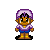 Pixel art character with brown skin, purple headscarf, and blue shorts in multiple poses including standing, sitting, and turning.