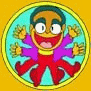 Animated cartoon character in circular frame with cyan background, yellow border, and orange outer field; multiple poses show limbs extended outward.