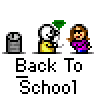 Animated contact sheet of 10 pixel-art frames showing a school-themed buddy icon sequence with two characters and classroom objects, each frame labeled "Back To School" below.