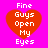 Four identical red heart-shaped icons with white text "Fine Guys Open My Eyes" on a bright pink background, arranged in two of two