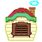 Pixel art animation of a house with a red roof and green trim, showing sequential changes in the front door opening to reveal a white creature with wings.
