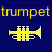 Yellow pixelated trumpet icon with black outlines on dark blue background, text 'trumpet' above in matching yellow pixels.