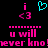 Pixelated pink and cyan text on black background with animated heart symbol above 'u will never kno!' phrase.