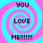 Four identical pixelated arranged in a , each with pink and cyan spiral background and black text reading YOU LOVE ME!!!!!!