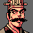 Pixel art portrait of a man with mustache and hat, wearing checkered shoulder pattern on dark clothing against gray background.