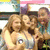 Three people with long brown hair pose closely together in a pixelated image, wearing light-colored tops against a blurred background.