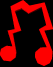 Red musical notes and a vertical bar on black background with gray sidebars, animated in sequence.