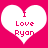 Two identical white heart shapes on a solid pink background, each containing red pixelated text reading "I Love Ryan".