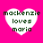Four heart-shaped icons with text on a bright pink background, each displaying 'mackenzie loves maria' in dark green pixelated font.
