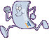 Animated character with paper-like body in three poses: running, standing, and surfing on orange board.