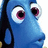 Blue cartoon fish character with large eyes and pink pupils, shown in two side-by-side frames where the right frame displays yellow text.