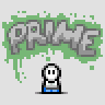 Animated contact sheet showing a pixel art robot transforming from small icon to full body, with repeated "PRIME" text in background.
