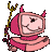 Pixelated cartoon devil character with pink body, red horns, and yellow pitchfork against gray background.