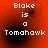 Red background with white pixelated text reading "Blake is a Tomahawk" and four black circular shapes in different positions across the image.