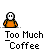 A 4x3 contact sheet of a pixel art animation featuring an orange stick figure character with white face and black eyes, displayed across 12 frames showing different poses and actions above the text "Too Much Coffee" on a gray background.